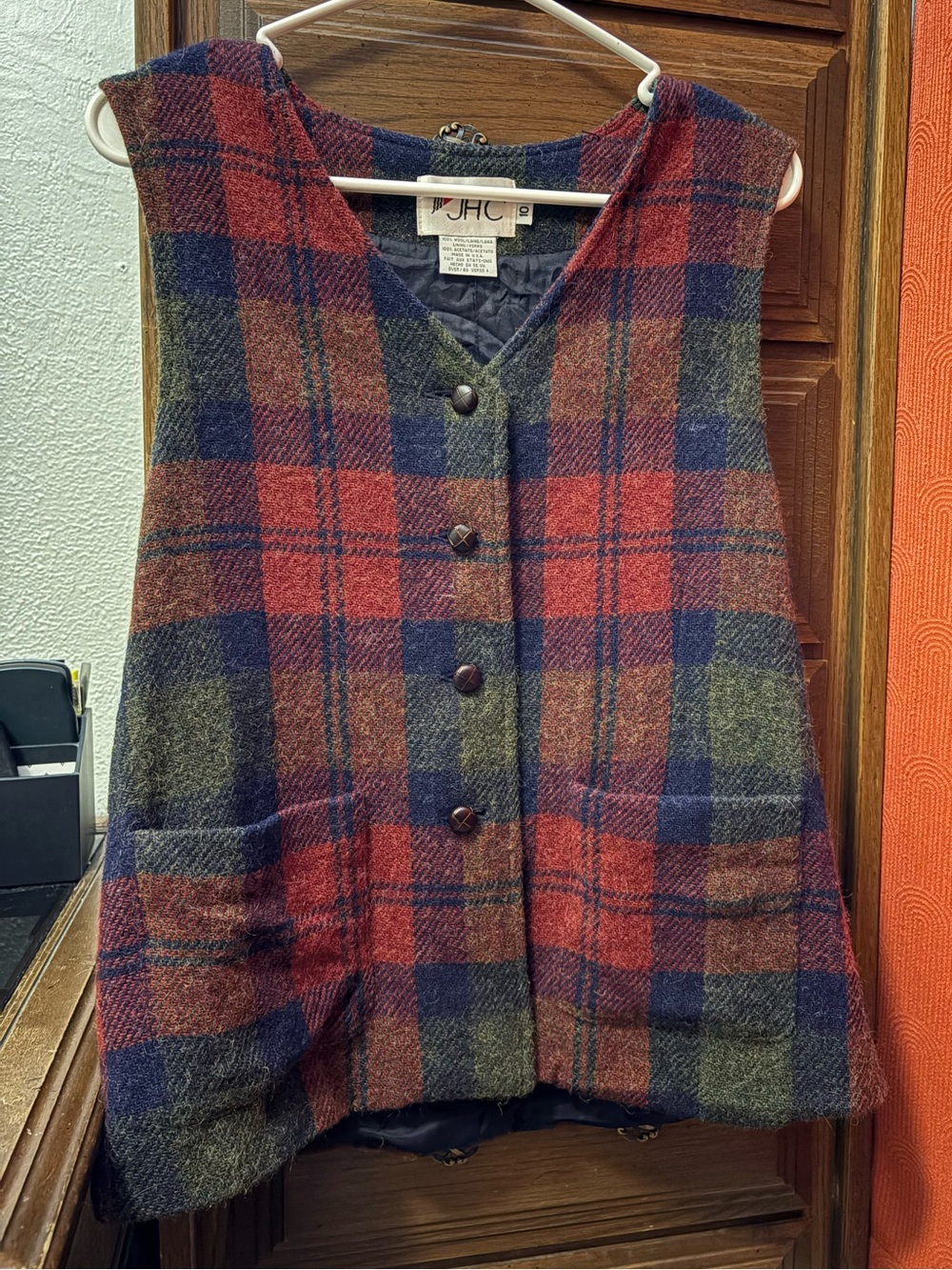 JH Collectibles Red, Blue & Green Plaid Wool Vest vintage